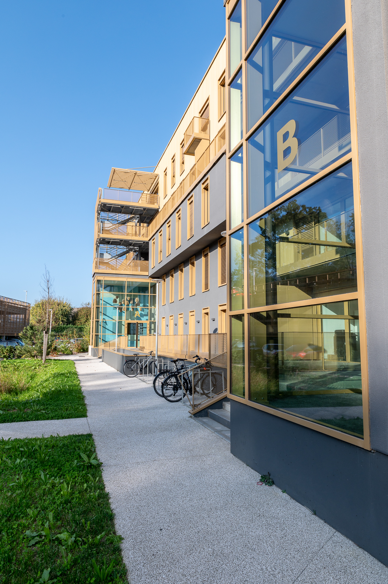 Façade d'un bâtiment de bureaux à l'architecture bois et verre, allée piétonne bordée de verdure avec vélos garés, réalisé pour la foncière du Crédit Agricole des Savoie.