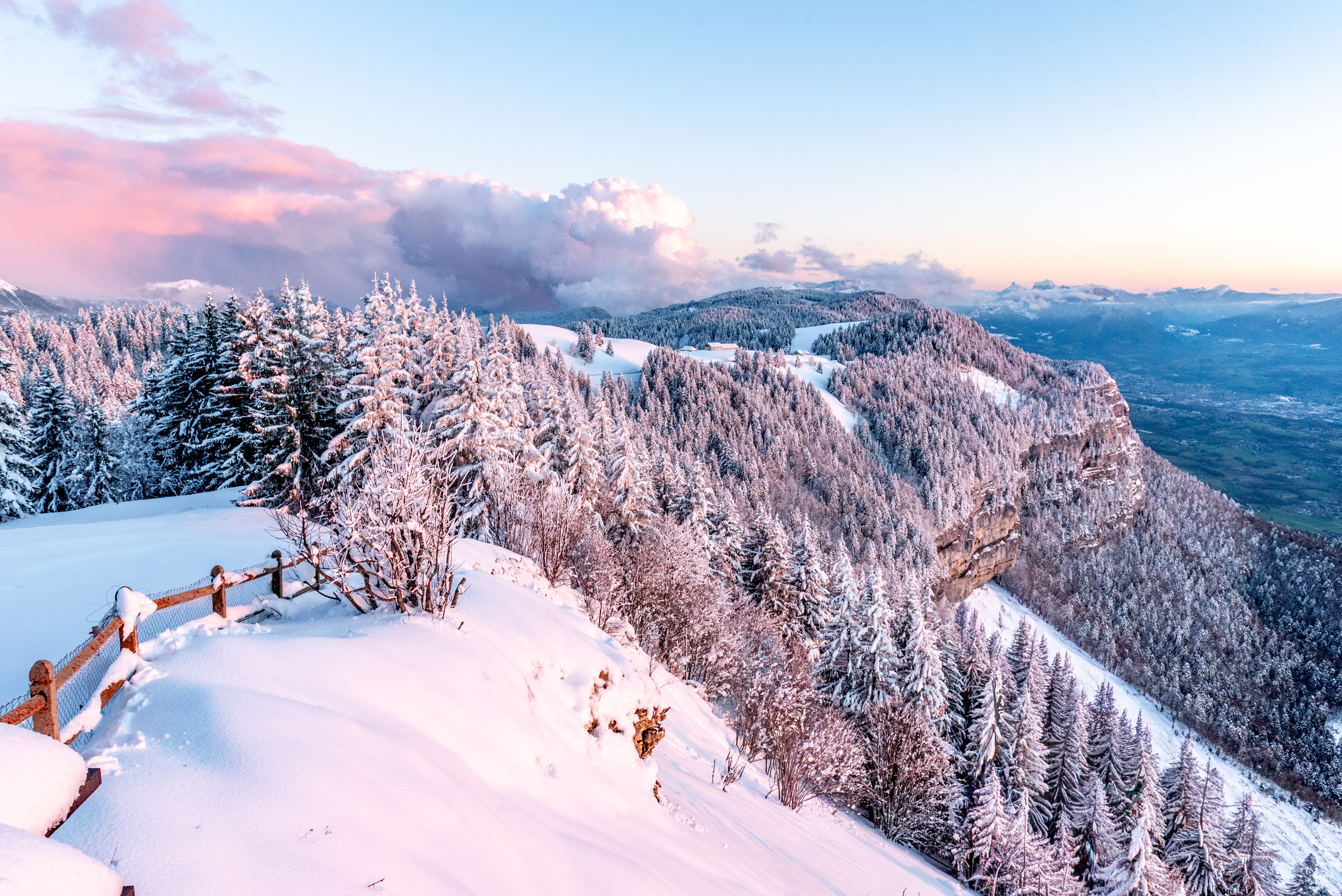 Vue panoramique depuis le Revard sur des sapins enneigés et la vallée, avec une barrière en bois au premier plan et un ciel rosé de coucher de soleil, en Savoie.